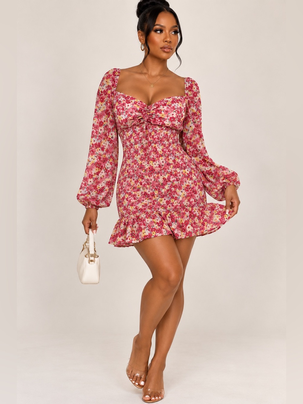 Burans Fashion Floral Smocked Ruched Sweetheart Long Sleeve Mini Dress